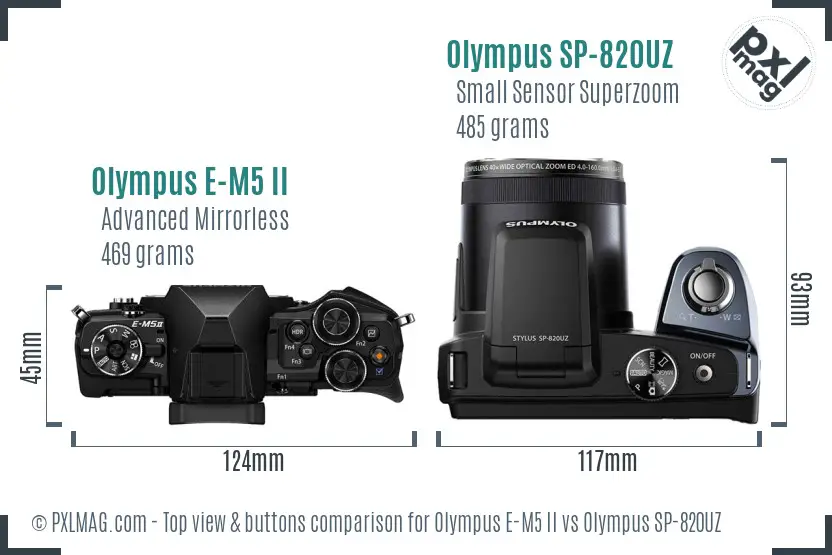 Olympus E-M5 II vs Olympus SP-820UZ top view buttons comparison