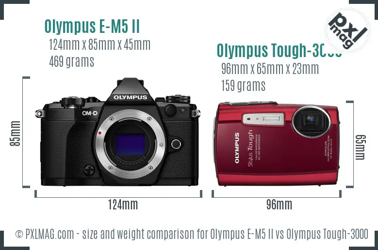 Olympus E-M5 II vs Olympus Tough-3000 size comparison