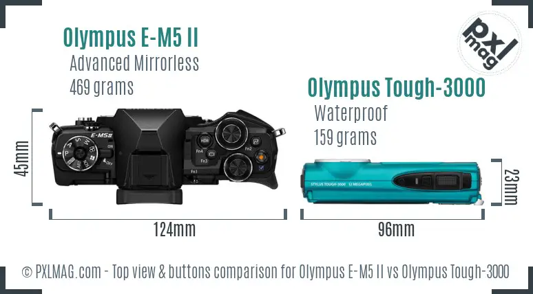 Olympus E-M5 II vs Olympus Tough-3000 top view buttons comparison