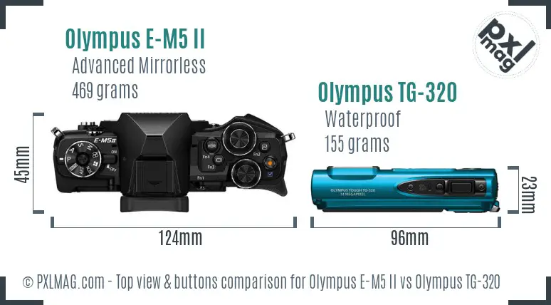 Olympus E-M5 II vs Olympus TG-320 top view buttons comparison