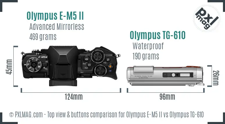 Olympus E-M5 II vs Olympus TG-610 top view buttons comparison