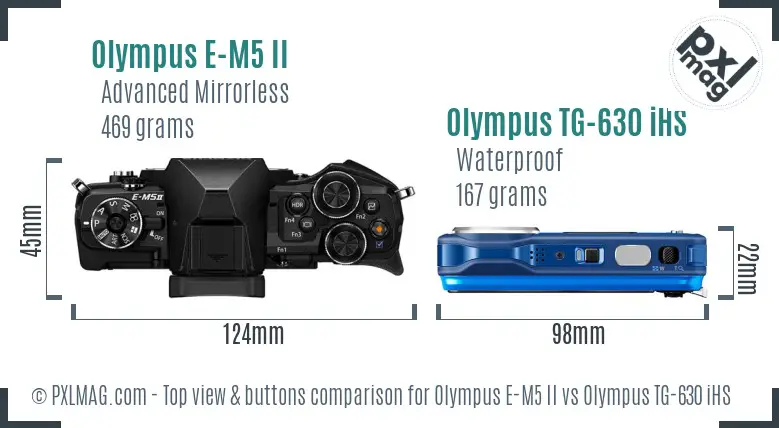 Olympus E-M5 II vs Olympus TG-630 iHS top view buttons comparison