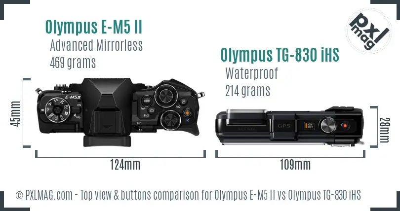 Olympus E-M5 II vs Olympus TG-830 iHS top view buttons comparison