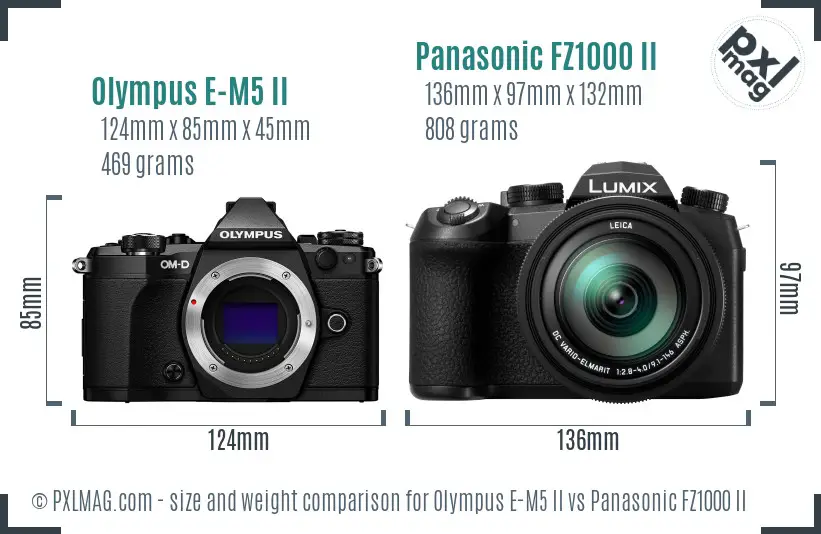 Olympus E-M5 II vs Panasonic FZ1000 II size comparison