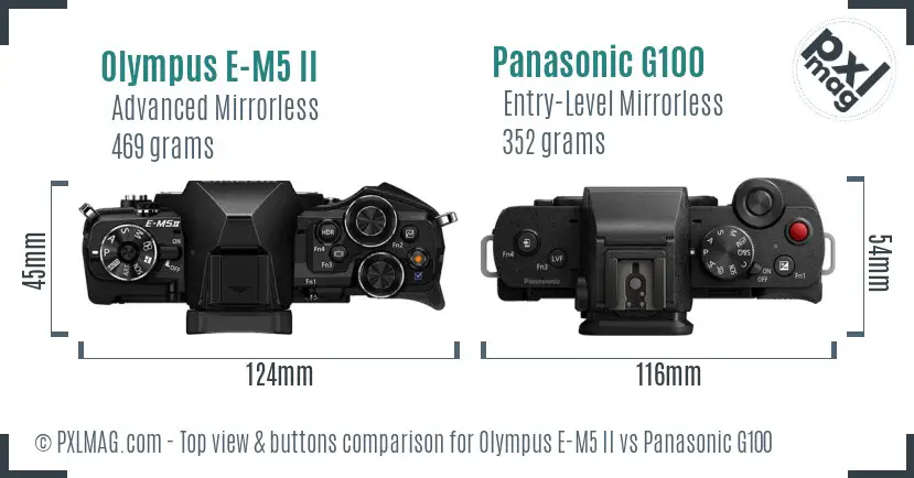 Olympus E-M5 II vs Panasonic G100 top view buttons comparison
