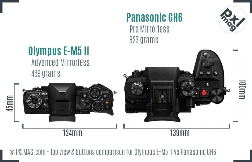 Olympus E-M5 II vs Panasonic GH6 top view buttons comparison