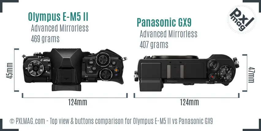 Olympus E-M5 II vs Panasonic GX9 top view buttons comparison
