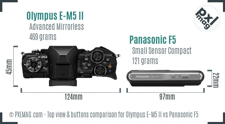 Olympus E-M5 II vs Panasonic F5 top view buttons comparison