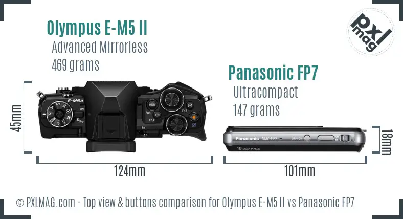 Olympus E-M5 II vs Panasonic FP7 top view buttons comparison