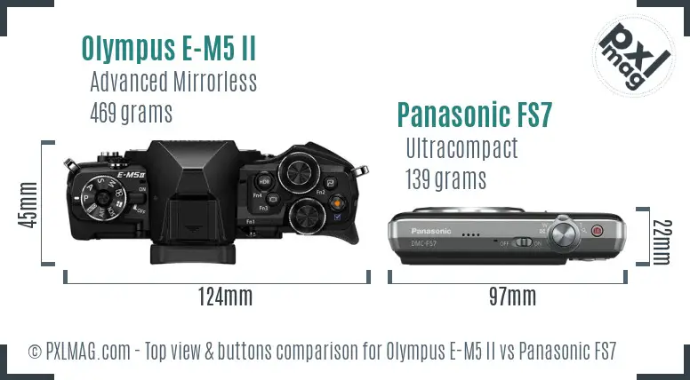 Olympus E-M5 II vs Panasonic FS7 top view buttons comparison