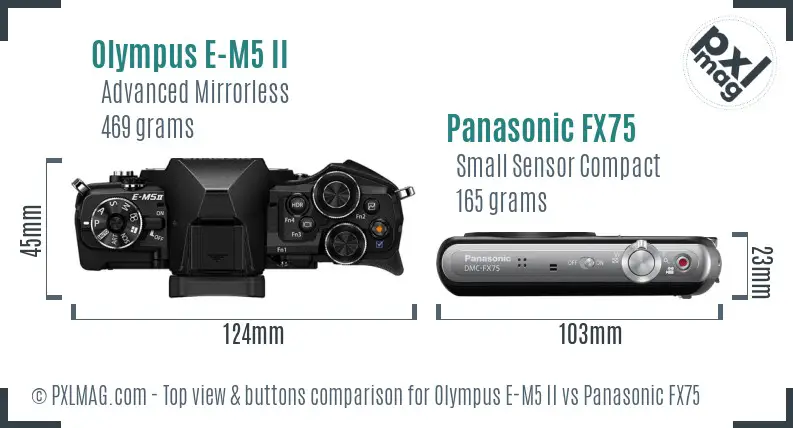 Olympus E-M5 II vs Panasonic FX75 top view buttons comparison