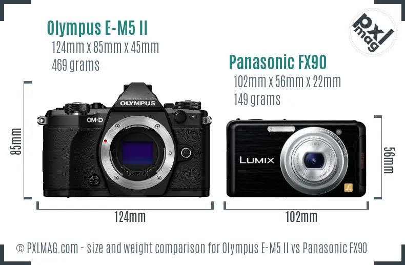 Olympus E-M5 II vs Panasonic FX90 size comparison