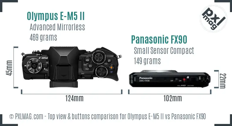 Olympus E-M5 II vs Panasonic FX90 top view buttons comparison