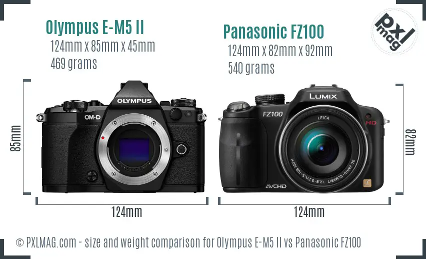 Olympus E-M5 II vs Panasonic FZ100 size comparison