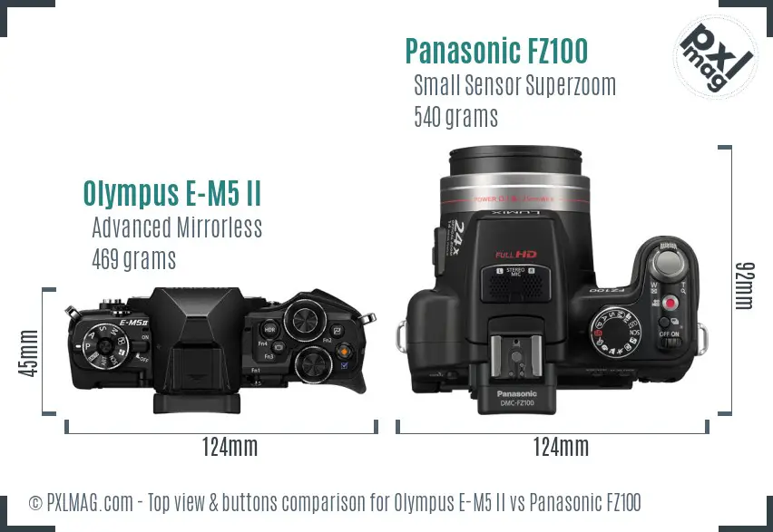 Olympus E-M5 II vs Panasonic FZ100 top view buttons comparison