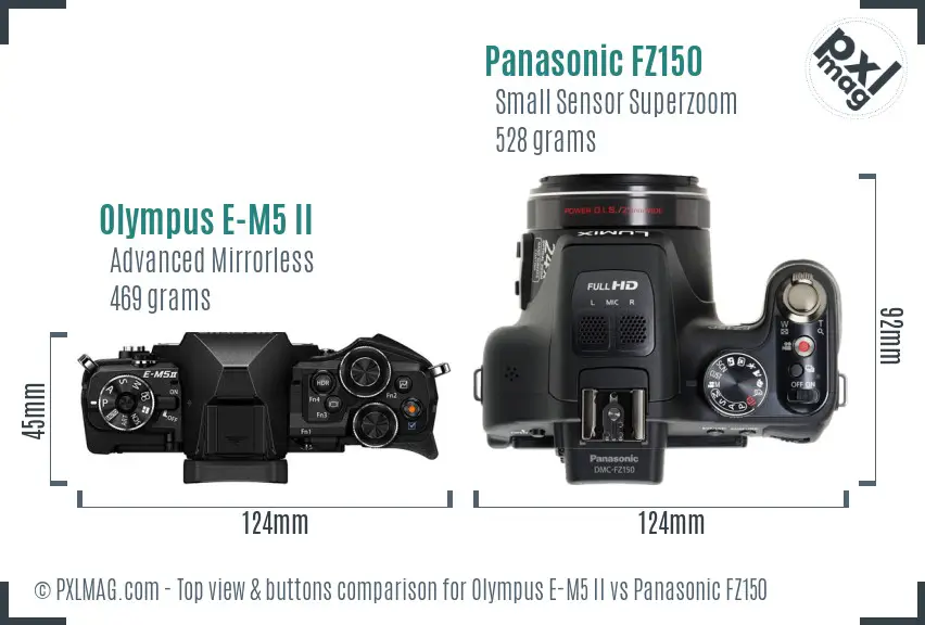 Olympus E-M5 II vs Panasonic FZ150 top view buttons comparison