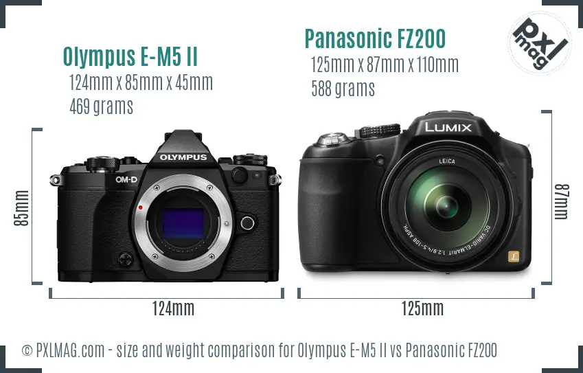 Olympus E-M5 II vs Panasonic FZ200 size comparison