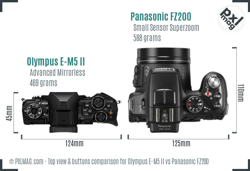 Olympus E-M5 II vs Panasonic FZ200 top view buttons comparison