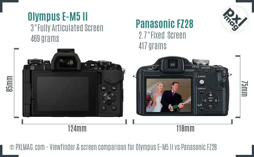 Olympus E-M5 II vs Panasonic FZ28 Screen and Viewfinder comparison
