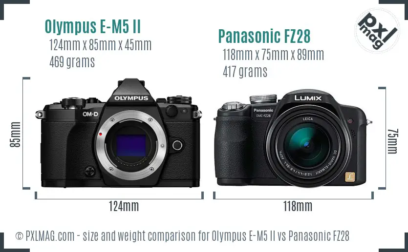 Olympus E-M5 II vs Panasonic FZ28 size comparison