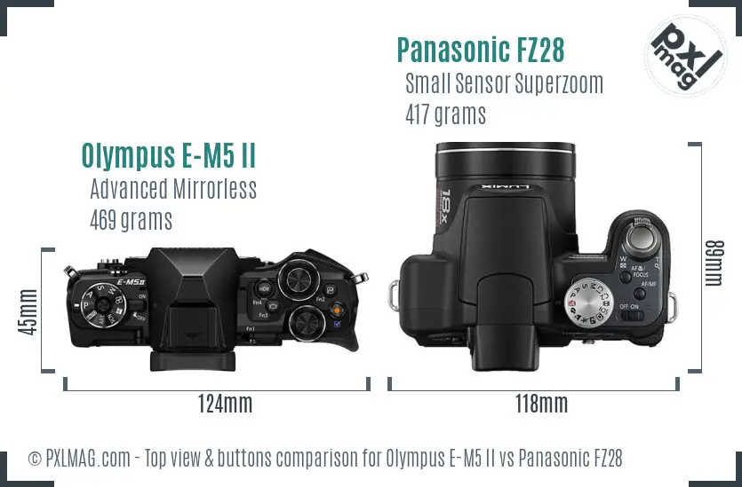 Olympus E-M5 II vs Panasonic FZ28 top view buttons comparison