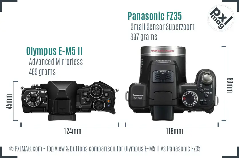 Olympus E-M5 II vs Panasonic FZ35 top view buttons comparison
