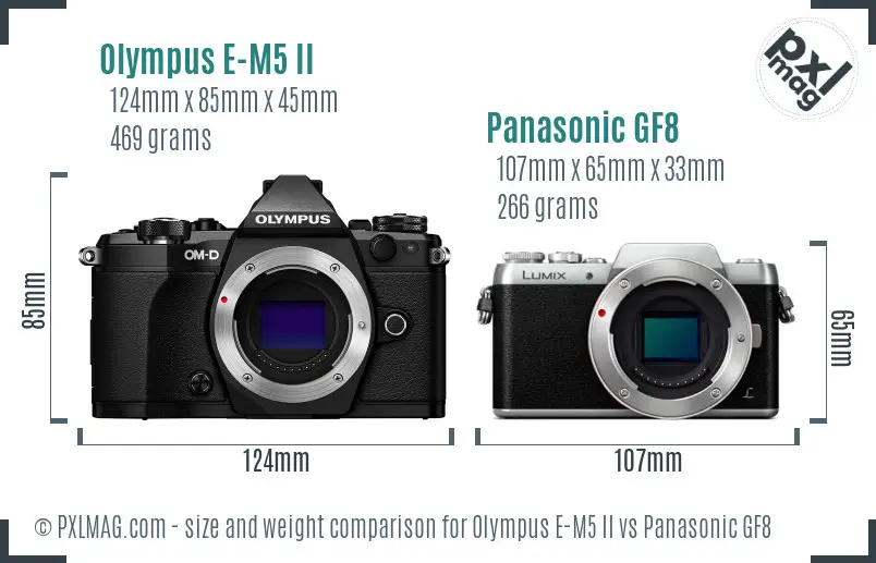 Olympus E-M5 II vs Panasonic GF8 size comparison