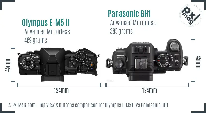 Olympus E-M5 II vs Panasonic GH1 top view buttons comparison