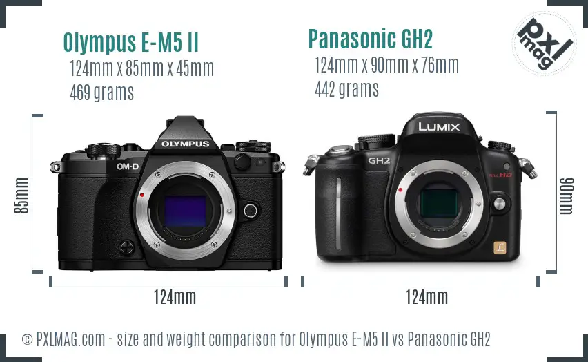 Olympus E-M5 II vs Panasonic GH2 size comparison