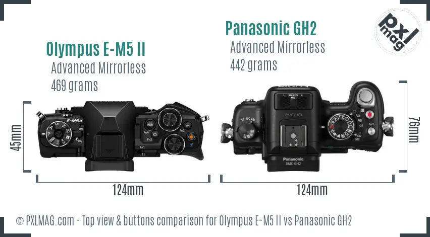 Olympus E-M5 II vs Panasonic GH2 top view buttons comparison