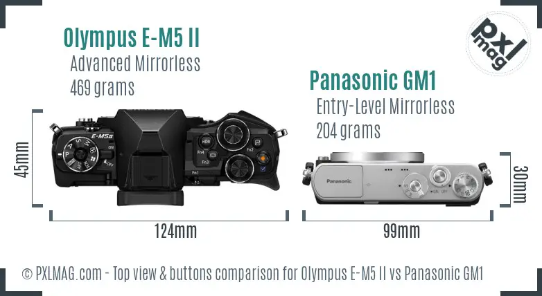 Olympus E-M5 II vs Panasonic GM1 top view buttons comparison