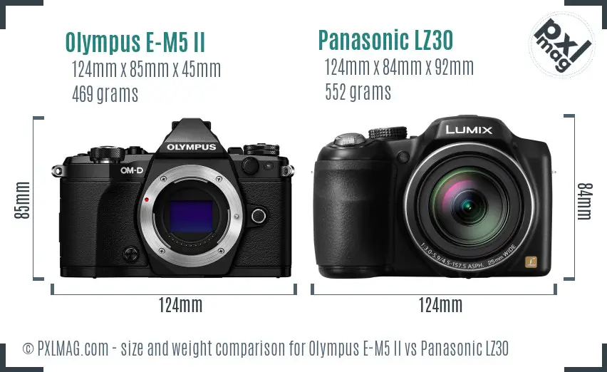 Olympus E-M5 II vs Panasonic LZ30 size comparison