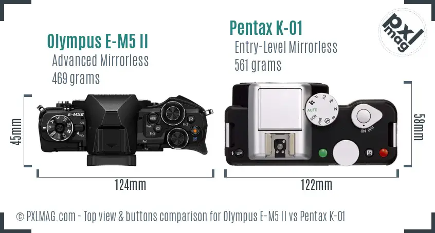 Olympus E-M5 II vs Pentax K-01 top view buttons comparison