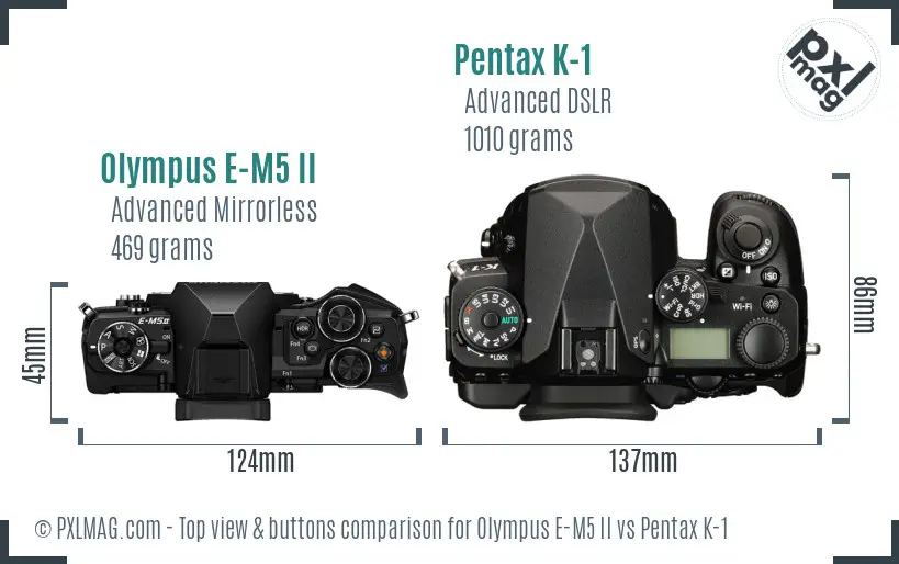 Olympus E-M5 II vs Pentax K-1 top view buttons comparison