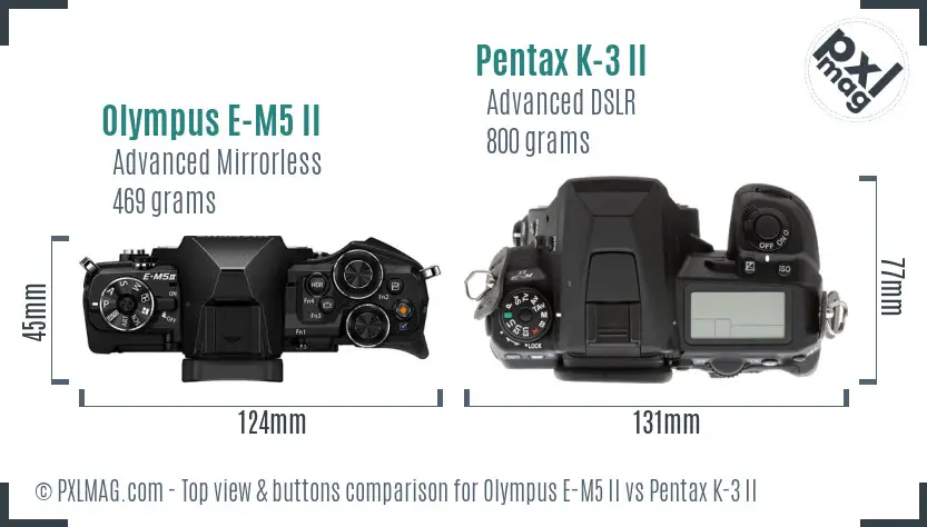 Olympus E-M5 II vs Pentax K-3 II top view buttons comparison