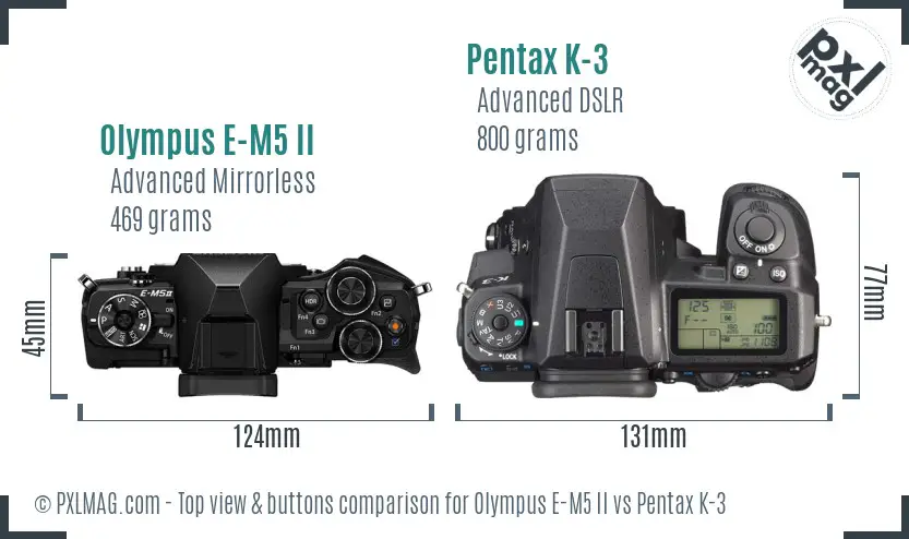 Olympus E-M5 II vs Pentax K-3 top view buttons comparison