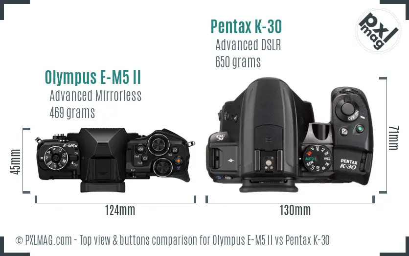 Olympus E-M5 II vs Pentax K-30 top view buttons comparison