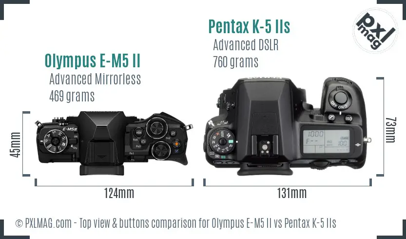 Olympus E-M5 II vs Pentax K-5 IIs top view buttons comparison