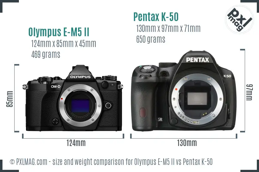Olympus E-M5 II vs Pentax K-50 size comparison