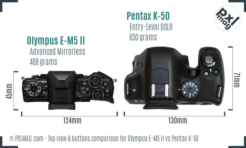 Olympus E-M5 II vs Pentax K-50 top view buttons comparison