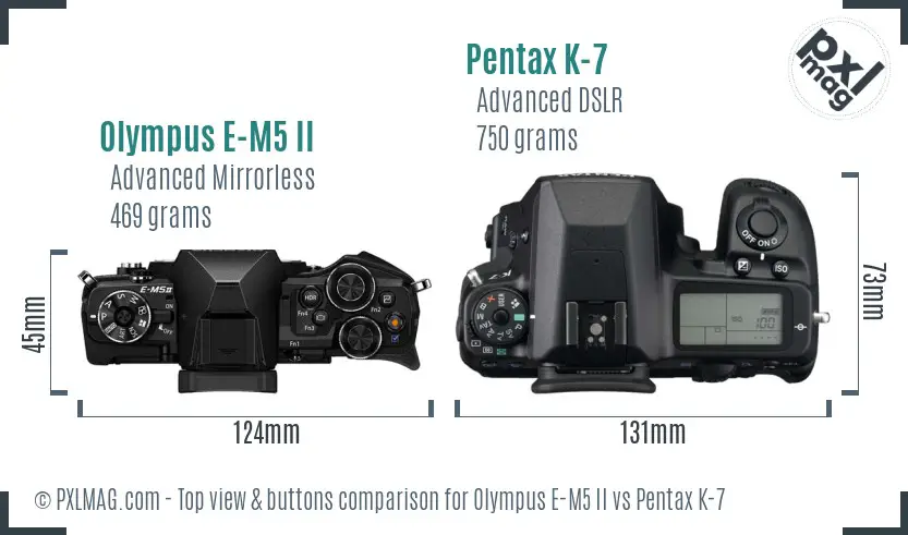 Olympus E-M5 II vs Pentax K-7 top view buttons comparison