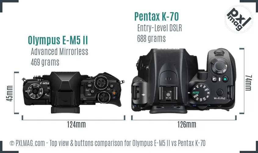 Olympus E-M5 II vs Pentax K-70 top view buttons comparison