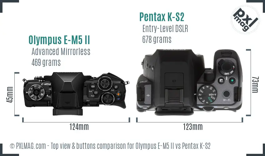 Olympus E-M5 II vs Pentax K-S2 top view buttons comparison