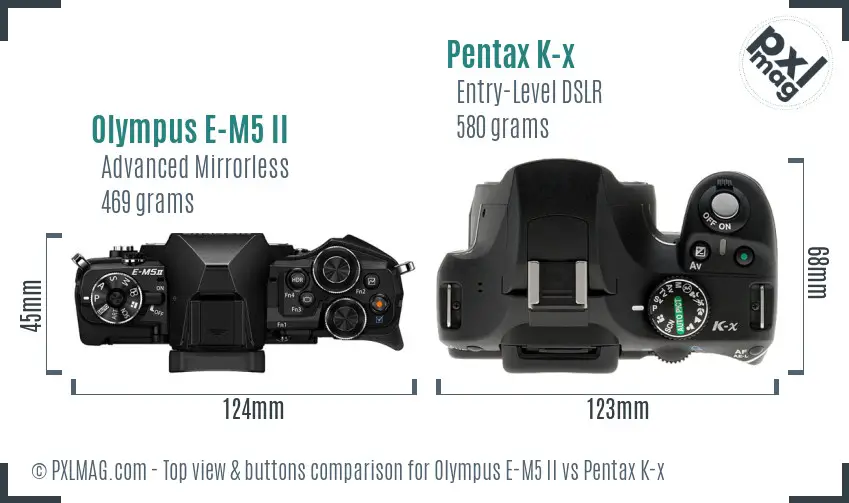 Olympus E-M5 II vs Pentax K-x top view buttons comparison