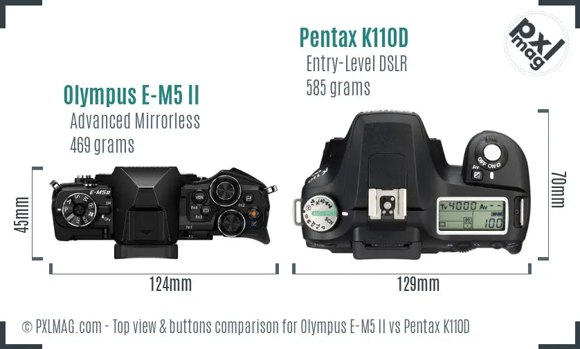 Olympus E-M5 II vs Pentax K110D top view buttons comparison