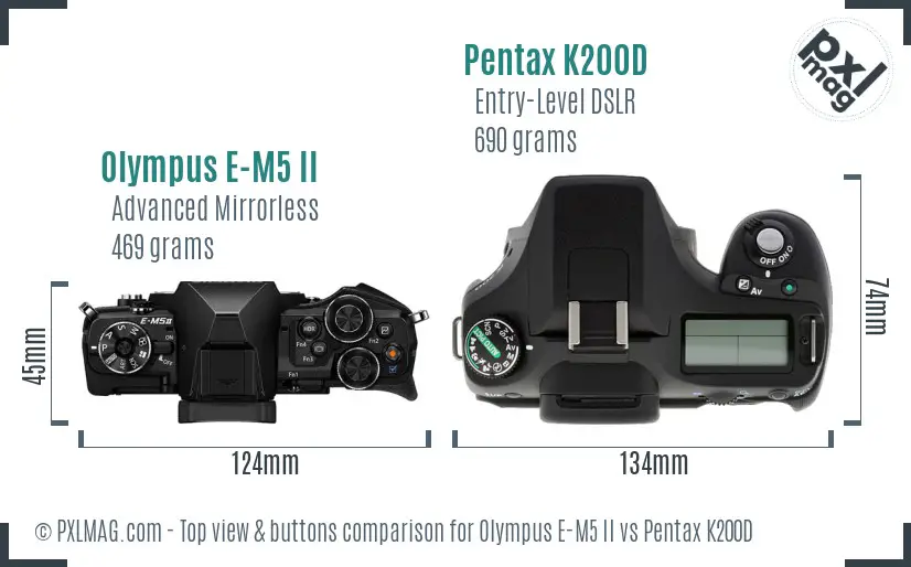 Olympus E-M5 II vs Pentax K200D top view buttons comparison