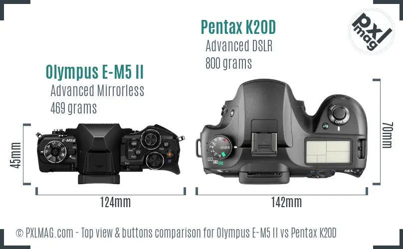 Olympus E-M5 II vs Pentax K20D top view buttons comparison