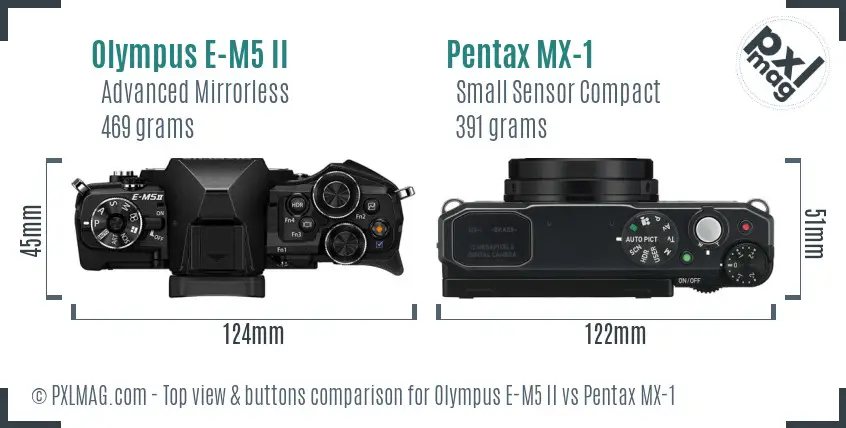 Olympus E-M5 II vs Pentax MX-1 top view buttons comparison