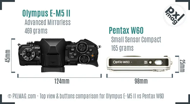 Olympus E-M5 II vs Pentax W60 top view buttons comparison