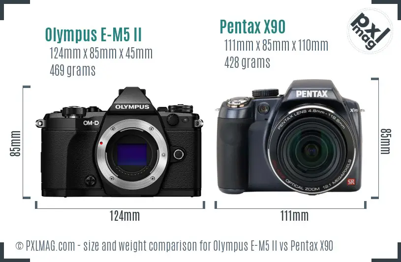 Olympus E-M5 II vs Pentax X90 size comparison